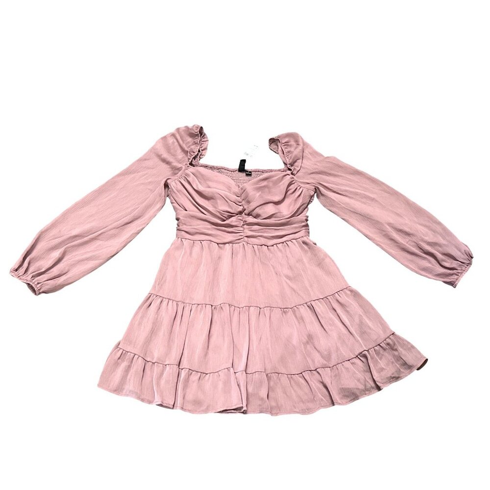 Windsor L Mauve Ruched Bust Smocked Back Puff Sleeve Tiered Mini Dress Party Y2K - Picture 10 of 10